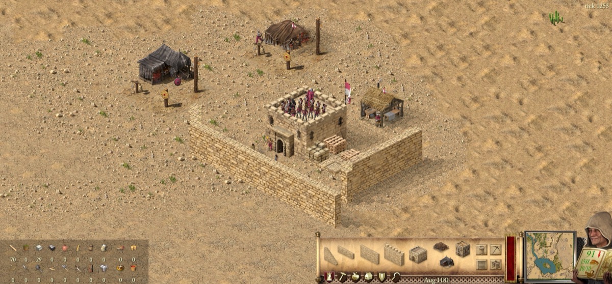A skirmish on Crater Lake running in the native engine: keep, walls, archers on the tower, the build bar and minimap