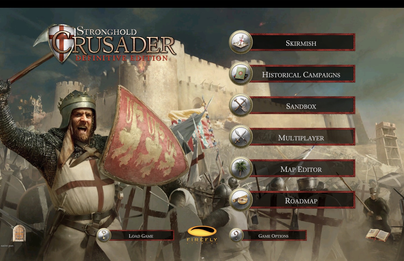The main menu: Skirmish, Historical Campaigns, Sandbox, Multiplayer, Map Editor, Roadmap