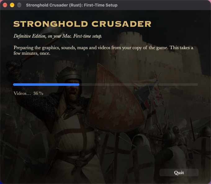 The setup window preparing the game's videos, progress bar at 36 percent