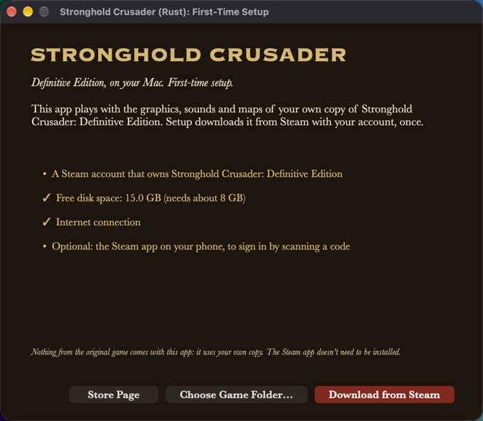 The setup window before download: checks for a Steam account, free space and internet