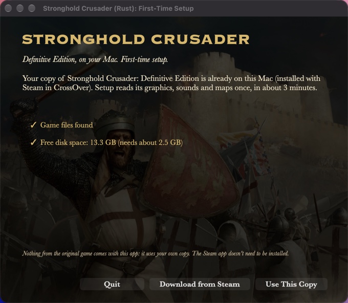 The setup window after finding a copy of the game, with the game's loading art behind
